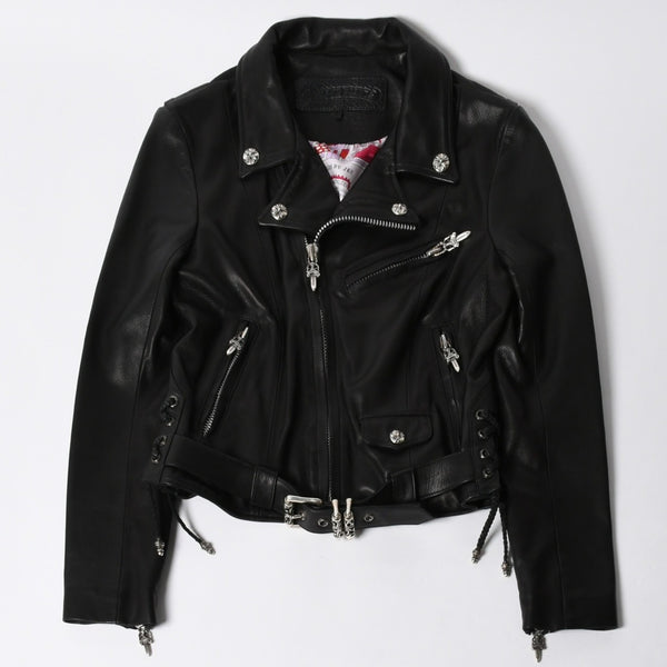 極美品 CHROME HEARTS クロムハーツ JJ DEAN HERMES JJディーン エルメス裏地 ダブルライダースジャケット サイズM レディース 中古 4a007313