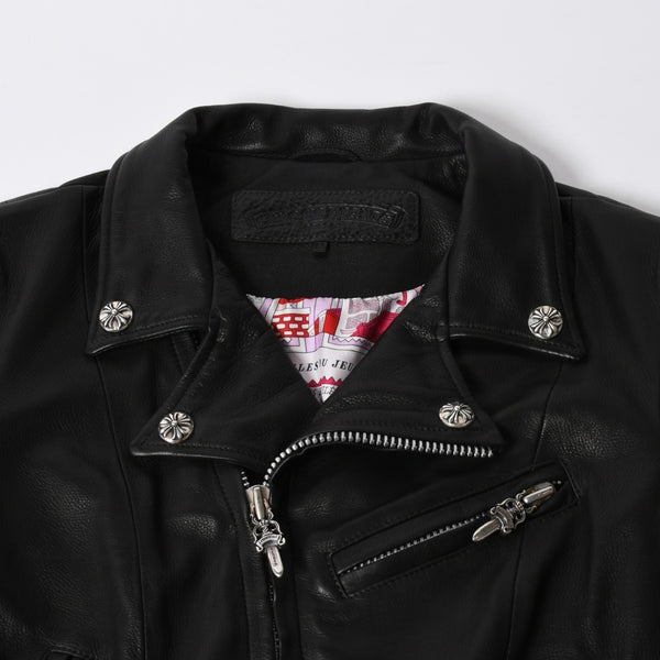 極美品 CHROME HEARTS クロムハーツ JJ DEAN HERMES JJディーン エルメス裏地 ダブルライダースジャケット サイズM レディース 中古 4a007313
