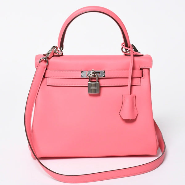 Like new HERMES Kelly 25 2WAY shoulder bag W engraved Vaux Swift Rose Azalea Silver hardware Used 4a006897