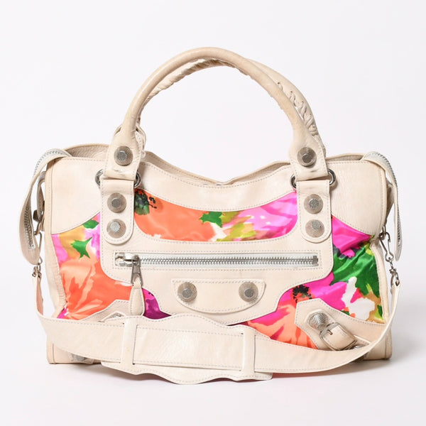 BALENCIAGA バレンシアガ ザ・ジャイアントシティ ハンドバッグ ショルダーバッグ レザー 173084 ホワイト マルチカラー 花柄 美品 中古 4a006967