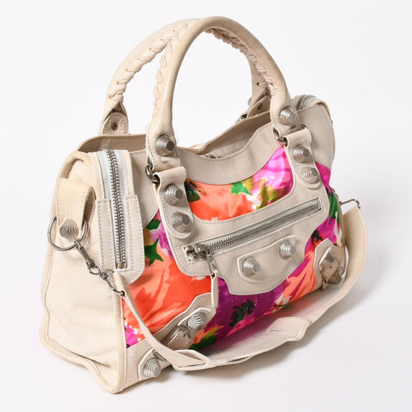 BALENCIAGA バレンシアガ ザ・ジャイアントシティ ハンドバッグ ショルダーバッグ レザー 173084 ホワイト マルチカラー 花柄 美品 中古 4a006967