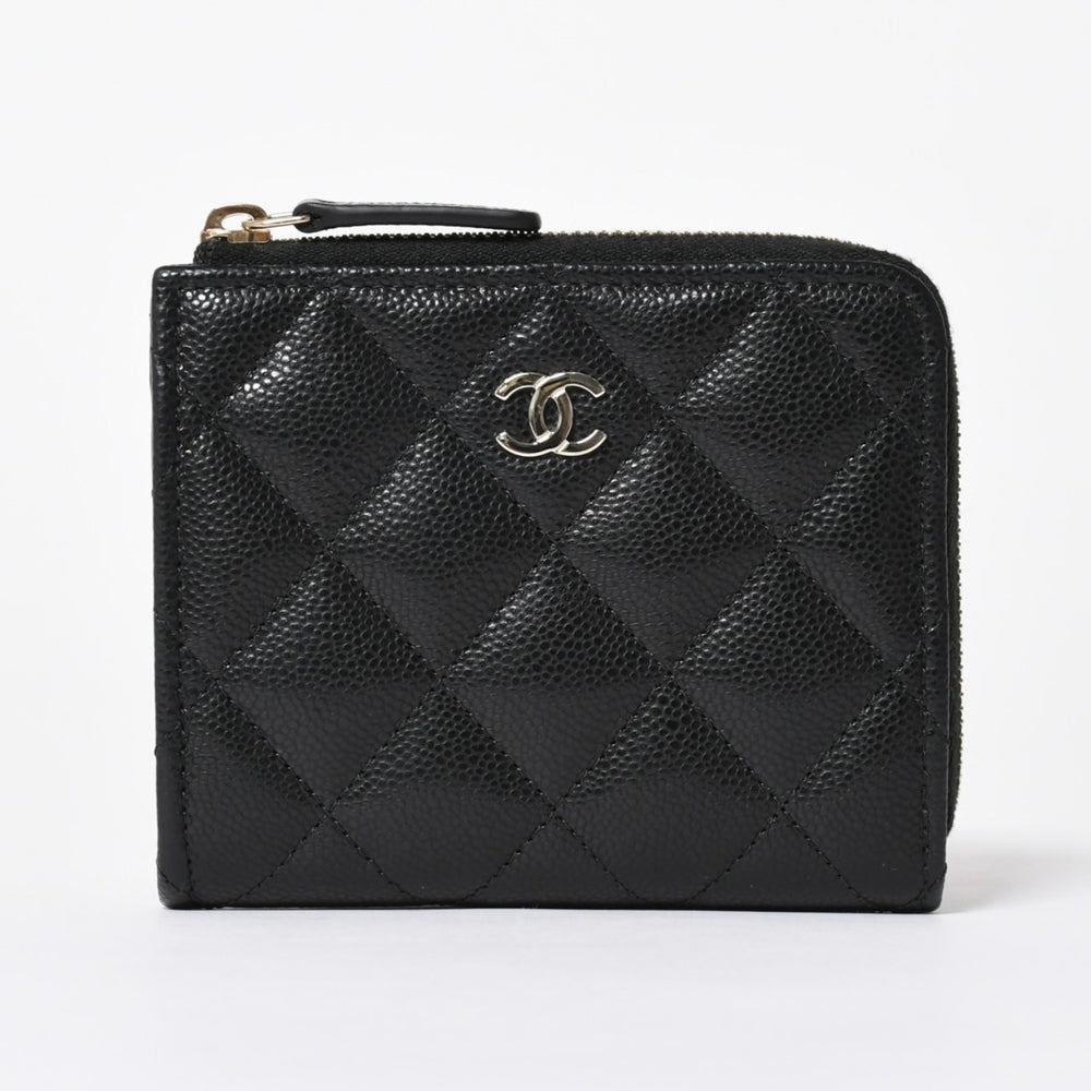 新品同様 CHANEL シャネル マトラッセ コンパクトウォレット コインケース ランダム番台 キャビアスキン ブラック ゴールド金具 中古 4a006721