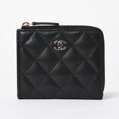 新品同様 CHANEL シャネル マトラッセ コンパクトウォレット コインケース ランダム番台 キャビアスキン ブラック ゴールド金具 中古 4a006721