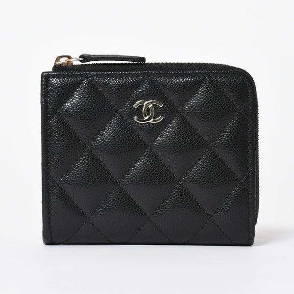 新品同様 CHANEL シャネル マトラッセ コンパクトウォレット コインケース ランダム番台 キャビアスキン ブラック ゴールド金具 中古 4a006721