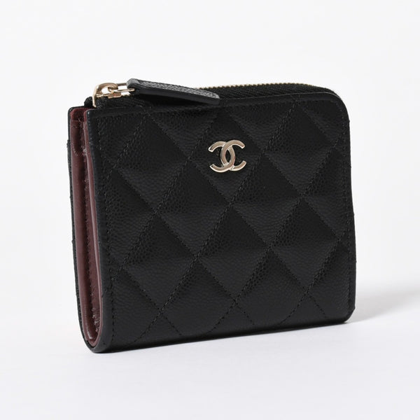 新品同様 CHANEL シャネル マトラッセ コンパクトウォレット コインケース ランダム番台 キャビアスキン ブラック ゴールド金具 中古 4a006721