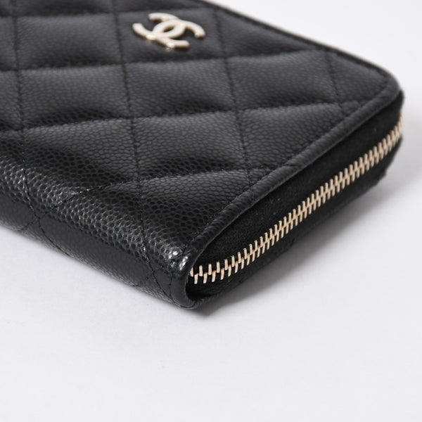 新品同様 CHANEL シャネル マトラッセ コンパクトウォレット コインケース ランダム番台 キャビアスキン ブラック ゴールド金具 中古 4a006721
