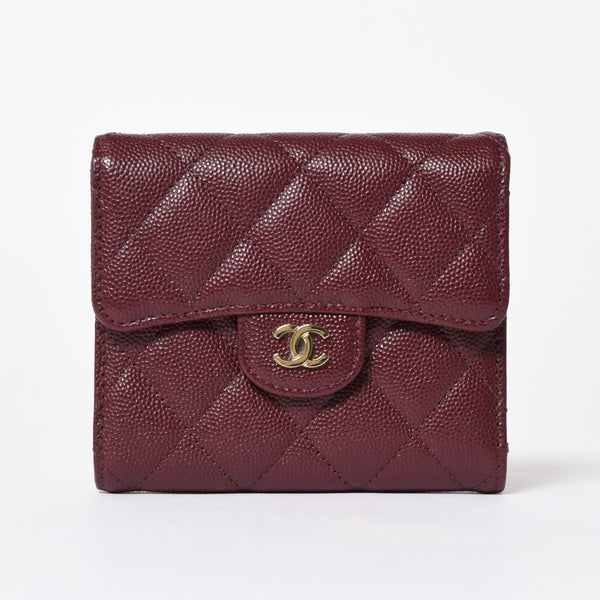 新品同様 CHANEL シャネル コンパクトウォレット 三つ折り財布 31番台 ココマーク キャビアスキン ボルドー 中古 4a006718