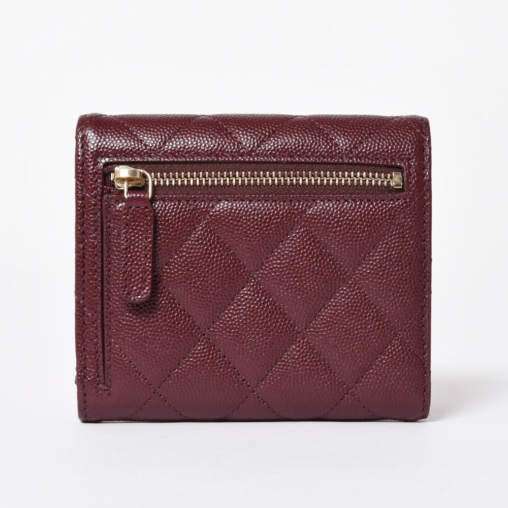 新品同様 CHANEL シャネル コンパクトウォレット 三つ折り財布 31番台 ココマーク キャビアスキン ボルドー 中古 4a006718