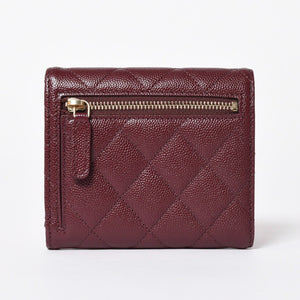 新品同様 CHANEL シャネル コンパクトウォレット 三つ折り財布 31番台 ココマーク キャビアスキン ボルドー 中古 4a006718