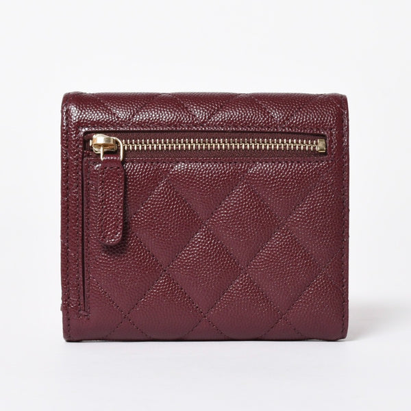 新品同様 CHANEL シャネル コンパクトウォレット 三つ折り財布 31番台 ココマーク キャビアスキン ボルドー 中古 4a006718