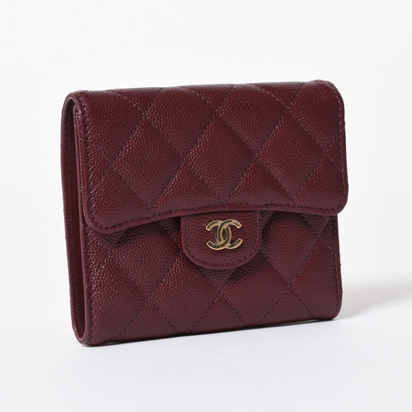 新品同様 CHANEL シャネル コンパクトウォレット 三つ折り財布 31番台 ココマーク キャビアスキン ボルドー 中古 4a006718