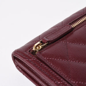 新品同様 CHANEL シャネル コンパクトウォレット 三つ折り財布 31番台 ココマーク キャビアスキン ボルドー 中古 4a006718