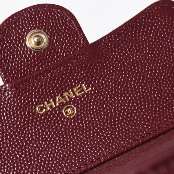 新品同様 CHANEL シャネル コンパクトウォレット 三つ折り財布 31番台 ココマーク キャビアスキン ボルドー 中古 4a006718