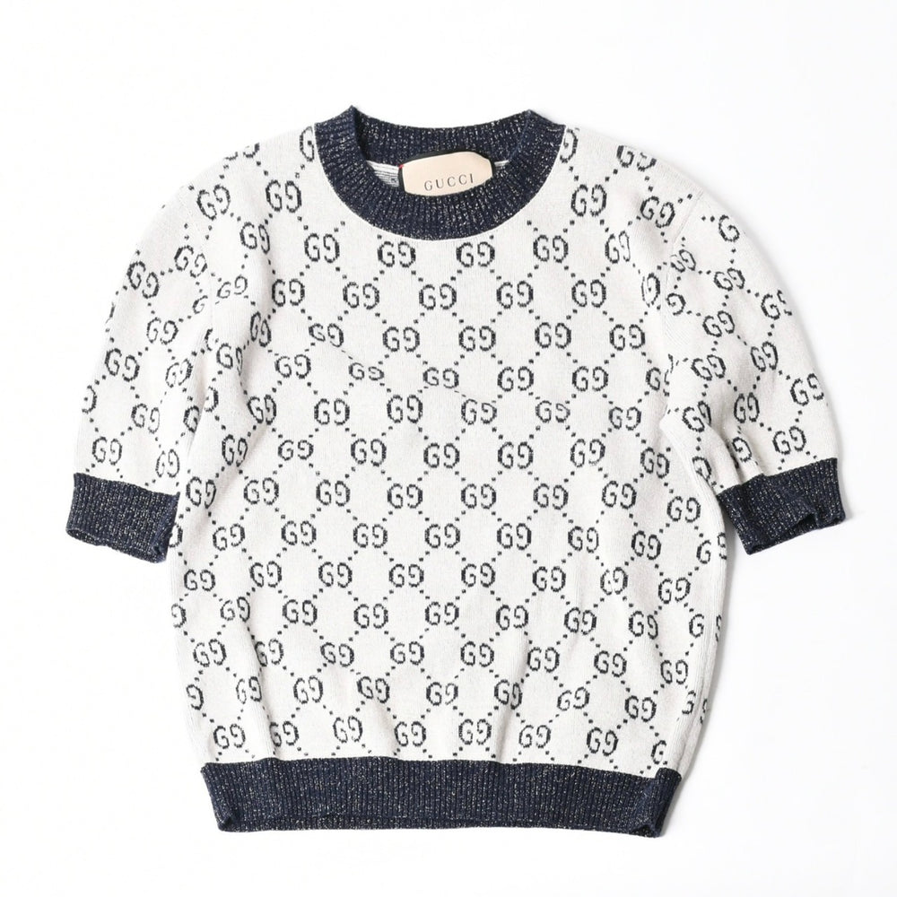 極美品 GUCCI グッチ GG総柄ラメジャガード半袖ニットセーター 692717 ネイビー アイボリー ラメ糸 GGモノグラム 中古 4a007012