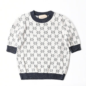 極美品 GUCCI グッチ GG総柄ラメジャガード半袖ニットセーター 692717 ネイビー アイボリー ラメ糸 GGモノグラム 中古 4a007012