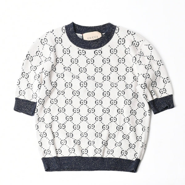 極美品 GUCCI グッチ GG総柄ラメジャガード半袖ニットセーター 692717 ネイビー アイボリー ラメ糸 GGモノグラム 中古 4a007012