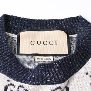 極美品 GUCCI グッチ GG総柄ラメジャガード半袖ニットセーター 692717 ネイビー アイボリー ラメ糸 GGモノグラム 中古 4a007012