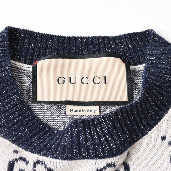 極美品 GUCCI グッチ GG総柄ラメジャガード半袖ニットセーター 692717 ネイビー アイボリー ラメ糸 GGモノグラム 中古 4a007012