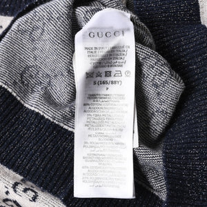 極美品 GUCCI グッチ GG総柄ラメジャガード半袖ニットセーター 692717 ネイビー アイボリー ラメ糸 GGモノグラム 中古 4a007012