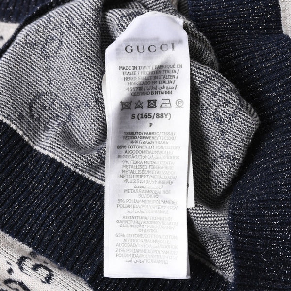 極美品 GUCCI グッチ GG総柄ラメジャガード半袖ニットセーター 692717 ネイビー アイボリー ラメ糸 GGモノグラム 中古 4a007012