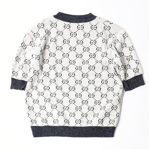 極美品 GUCCI グッチ GG総柄ラメジャガード半袖ニットセーター 692717 ネイビー アイボリー ラメ糸 GGモノグラム 中古 4a007012
