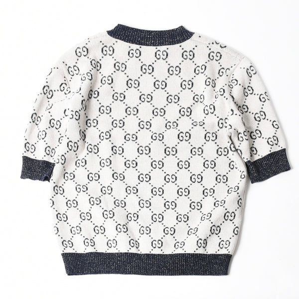 極美品 GUCCI グッチ GG総柄ラメジャガード半袖ニットセーター 692717 ネイビー アイボリー ラメ糸 GGモノグラム 中古 4a007012