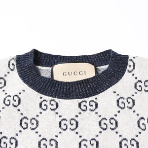 極美品 GUCCI グッチ GG総柄ラメジャガード半袖ニットセーター 692717 ネイビー アイボリー ラメ糸 GGモノグラム 中古 4a007012