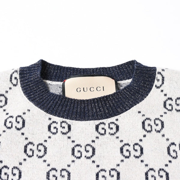 極美品 GUCCI グッチ GG総柄ラメジャガード半袖ニットセーター 692717 ネイビー アイボリー ラメ糸 GGモノグラム 中古 4a007012
