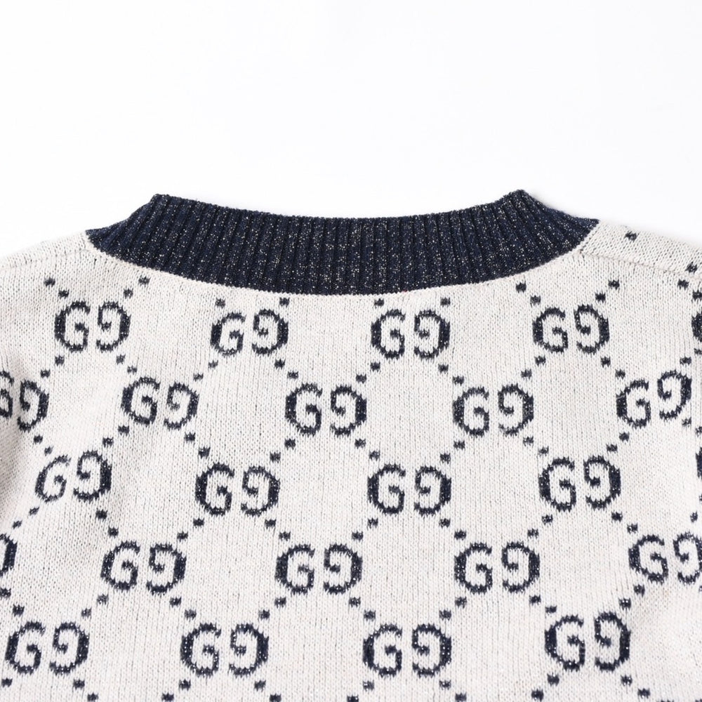 極美品 GUCCI グッチ GG総柄ラメジャガード半袖ニットセーター 692717 ネイビー アイボリー ラメ糸 GGモノグラム 中古 4a007012
