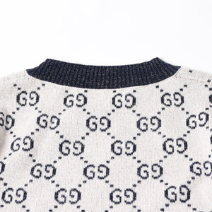 極美品 GUCCI グッチ GG総柄ラメジャガード半袖ニットセーター 692717 ネイビー アイボリー ラメ糸 GGモノグラム 中古 4a007012