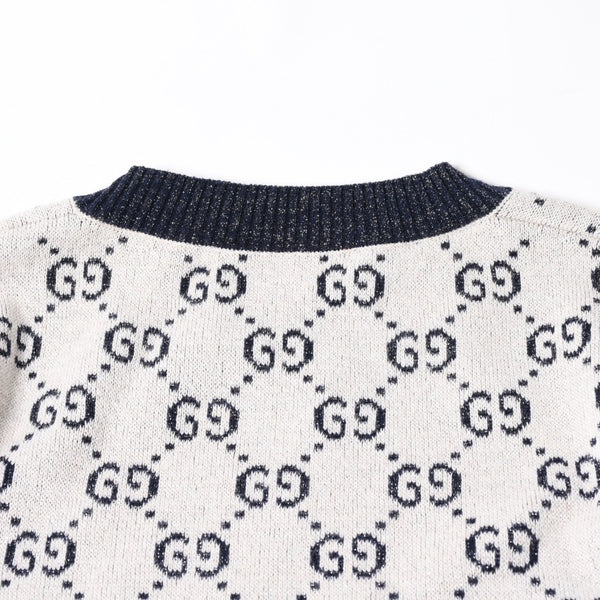 極美品 GUCCI グッチ GG総柄ラメジャガード半袖ニットセーター 692717 ネイビー アイボリー ラメ糸 GGモノグラム 中古 4a007012