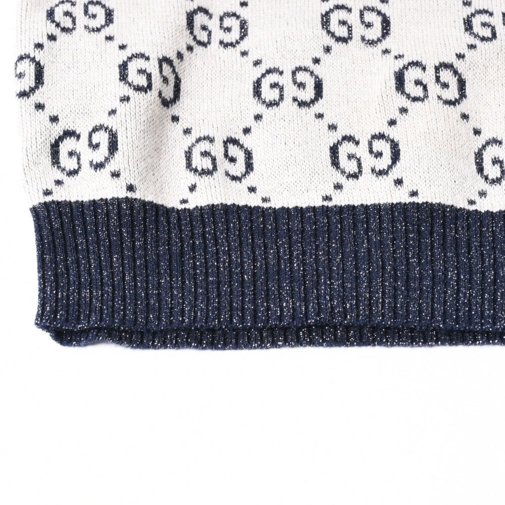Very good condition GUCCI GG all over pattern lame jacquard short sleeve knit sweater 692717 Navy ivory lame thread GG monogram used 4a007012