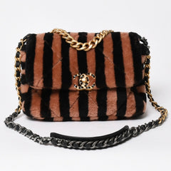 新品同様品 CHANEL シャネル19 Wチェーンバッグ AS5149 ランダム番台 ココマーク ストライプ シアリングファー フラップ 中古 4a006949