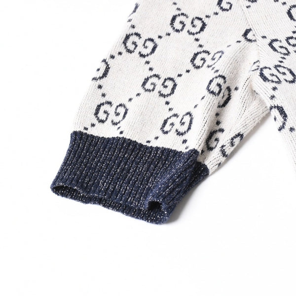 極美品 GUCCI グッチ GG総柄ラメジャガード半袖ニットセーター 692717 ネイビー アイボリー ラメ糸 GGモノグラム 中古 4a007012