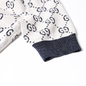 極美品 GUCCI グッチ GG総柄ラメジャガード半袖ニットセーター 692717 ネイビー アイボリー ラメ糸 GGモノグラム 中古 4a007012