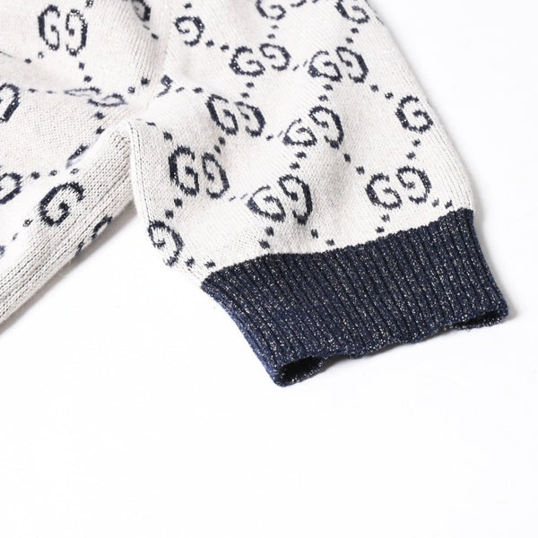 極美品 GUCCI グッチ GG総柄ラメジャガード半袖ニットセーター 692717 ネイビー アイボリー ラメ糸 GGモノグラム 中古 4a007012