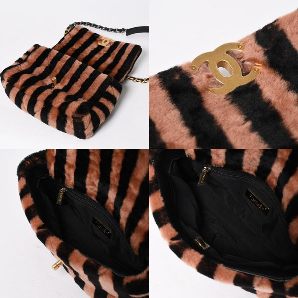 新品同様品 CHANEL シャネル19 Wチェーンバッグ AS5149 ランダム番台 ココマーク ストライプ シアリングファー フラップ 中古 4a006949