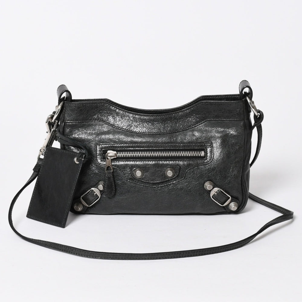 極美品 BALENCIAGA バレンシアガ Giant Hip ジャイアント ヒップ ショルダーバッグ 237203 レザー ブラック シルバー金具 中古 4a007016