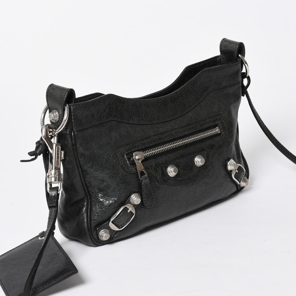 極美品 BALENCIAGA バレンシアガ Giant Hip ジャイアント ヒップ ショルダーバッグ 237203 レザー ブラック シルバー金具 中古 4a007016