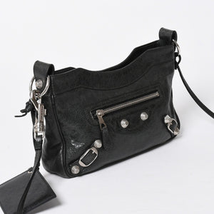 極美品 BALENCIAGA バレンシアガ Giant Hip ジャイアント ヒップ ショルダーバッグ 237203 レザー ブラック シルバー金具 中古 4a007016