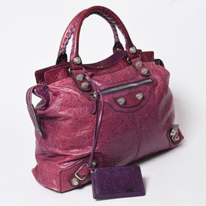BALENCIAGA バレンシアガ ジャイアント シティ ハンドバッグ 186184 ラムスキン シルバー金具 パープル 美品 中古 4a007164
