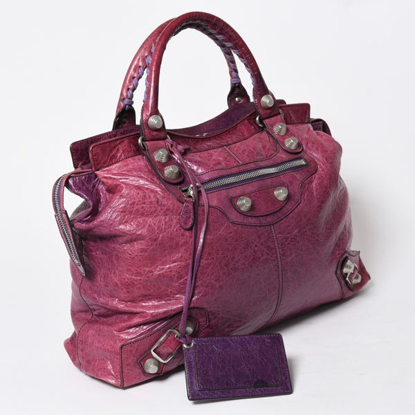 BALENCIAGA バレンシアガ ジャイアント シティ ハンドバッグ 186184 ラムスキン シルバー金具 パープル 美品 中古 4a007164