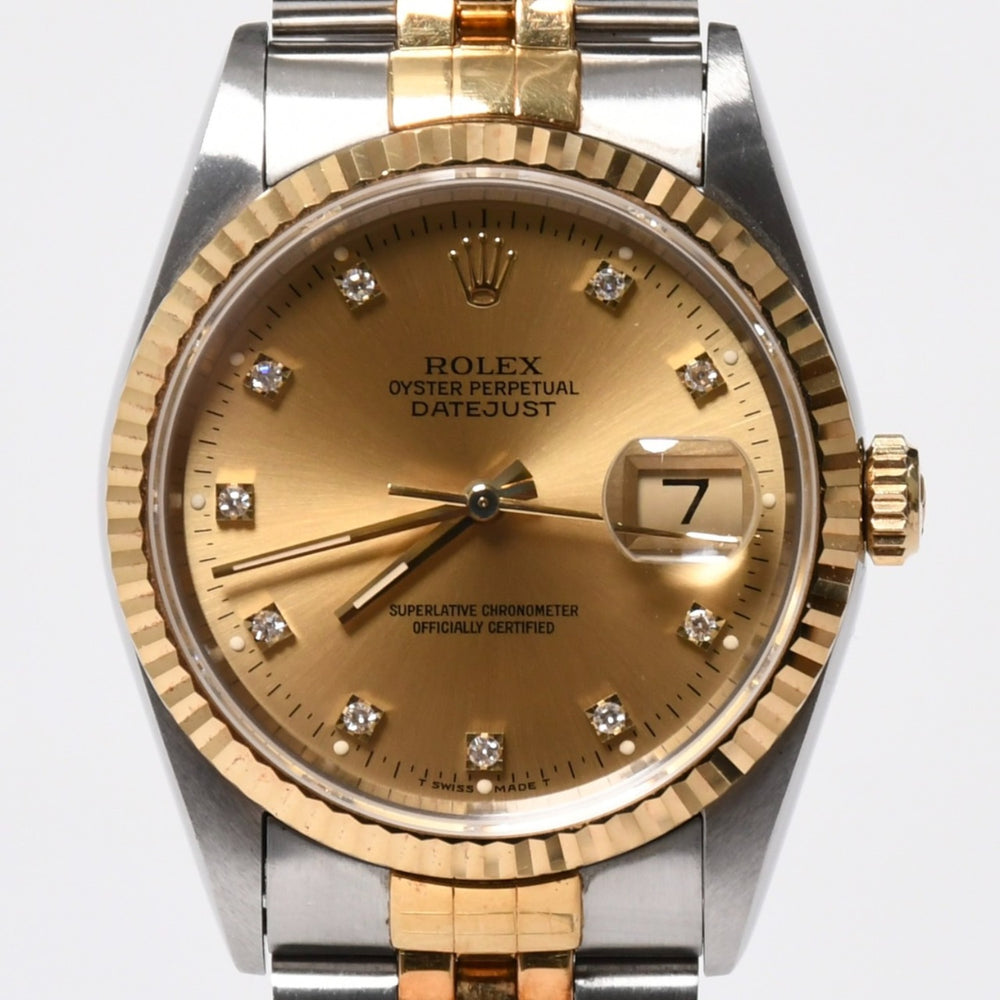 ROLEX ロレックス デイトジャスト 36 腕時計 16233G 重量約106.62g 18KYG SS AT シャンパン文字盤 旧ダイヤ 紙ギャラ 美品 中古 4a007536