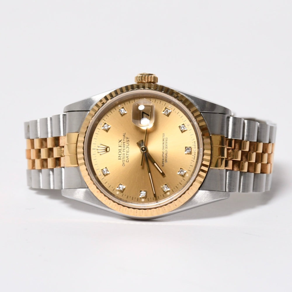 ROLEX ロレックス デイトジャスト 36 腕時計 16233G 重量約106.62g 18KYG SS AT シャンパン文字盤 旧ダイヤ 紙ギャラ 美品 中古 4a007536
