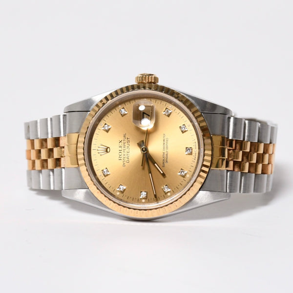 ROLEX ロレックス デイトジャスト 36 腕時計 16233G 重量約106.62g 18KYG SS AT シャンパン文字盤 旧ダイヤ 紙ギャラ 美品 中古 4a007536
