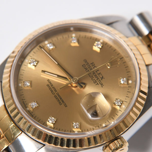 ROLEX ロレックス デイトジャスト 36 腕時計 16233G 重量約106.62g 18KYG SS AT シャンパン文字盤 旧ダイヤ 紙ギャラ 美品 中古 4a007536