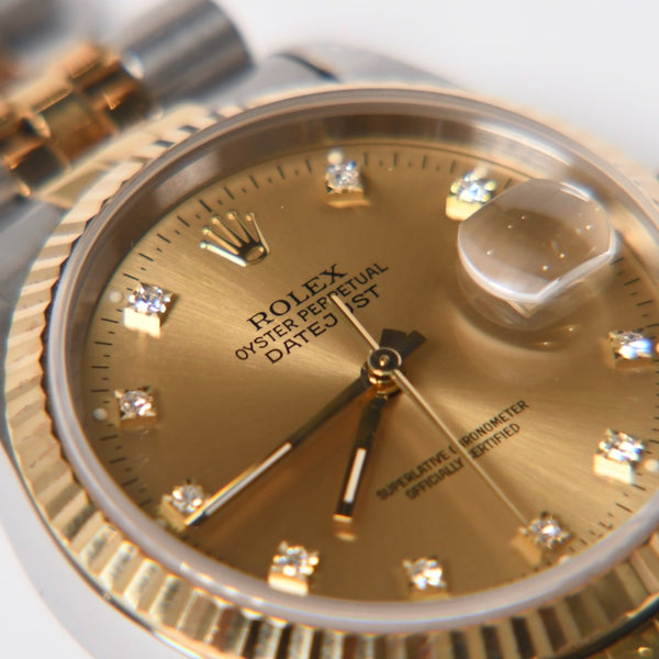 ROLEX ロレックス デイトジャスト 36 腕時計 16233G 重量約106.62g 18KYG SS AT シャンパン文字盤 旧ダイヤ 紙ギャラ 美品 中古 4a007536