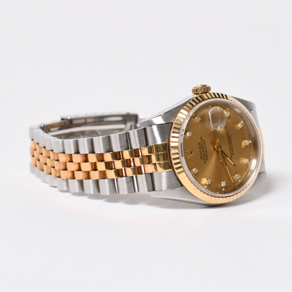 ROLEX ロレックス デイトジャスト 36 腕時計 16233G 重量約106.62g 18KYG SS AT シャンパン文字盤 旧ダイヤ 紙ギャラ 美品 中古 4a007536