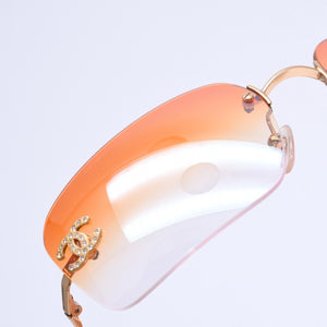 Very Good Condition CHANEL Rimless Sunglasses Eyewear 4017-D c.125/56 Size 62□17 120 Coco Mark Rhinestone Orange Used 4a007106