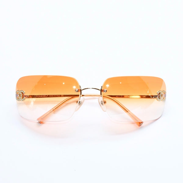 Very Good Condition CHANEL Rimless Sunglasses Eyewear 4017-D c.125/56 Size 62□17 120 Coco Mark Rhinestone Orange Used 4a007106